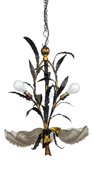 Early Art Nouveau Floral Chandelier with Etched Shell Shaped Glasses, 1890s
