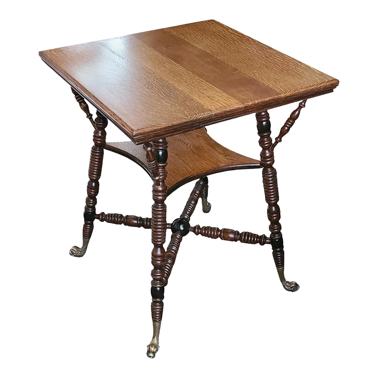 Late 19th Century Oak Spindle Occasional Table W/Brass Koi Feet | Chairish