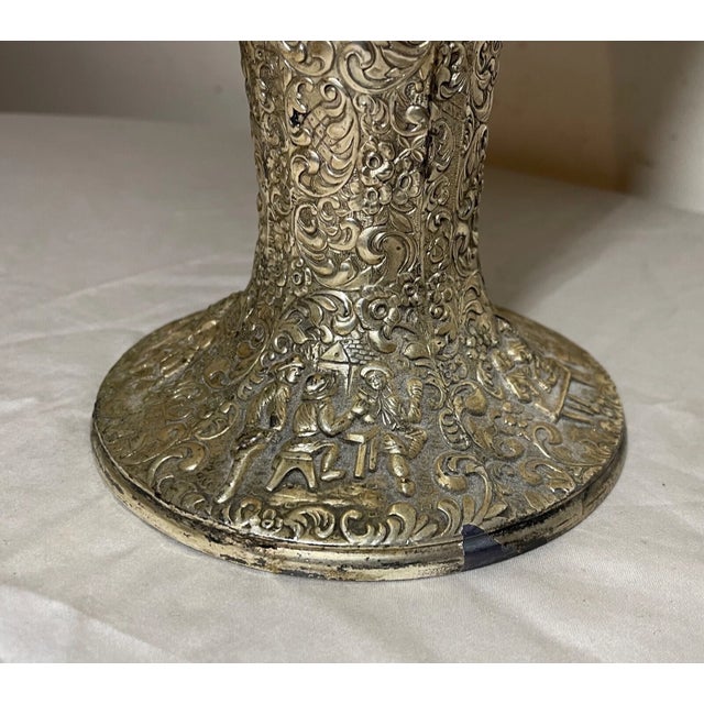 Large Antique Ornate Detailed Silverplate Dutch Figural Repousse Relief Vase For Sale - Image 13 of 17