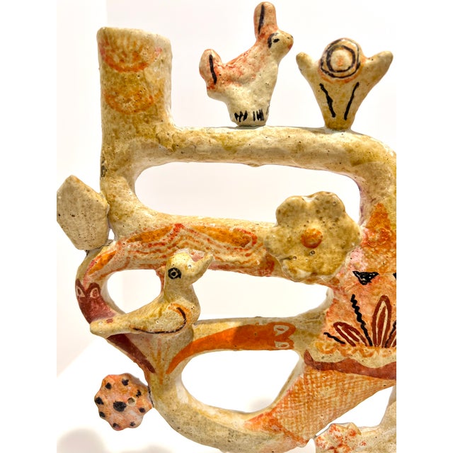 Cream Vintage Handmade Mexican Folk Art Ceramic Candelabra Candle Tree Birds Rabbits For Sale - Image 8 of 12