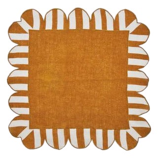 Jardin Embroidered Linen Scalloped Stripe Napkins in Amber, Set of 4 For Sale