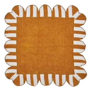 Jardin Embroidered Linen Scalloped Stripe Napkins in Amber, Set of 4 For Sale