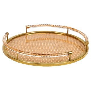 Round Serving Tray in Acrylic Glass, Rattan and Brass in the style of Christian Dior, Italy, 1970s For Sale