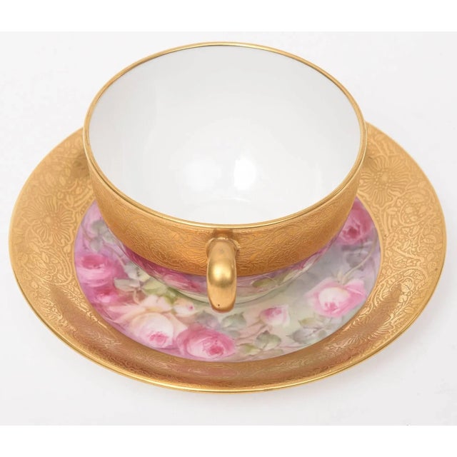Gold Set of 12 Hand-Painted and Gilt Encrusted Cup and Saucers, 24 Pieces Total For Sale - Image 8 of 11