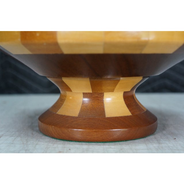 Wood Vintage Segmented Turned Wood Parquetry Fruit Centerpiece Pedestal Bowl 9" For Sale - Image 7 of 10