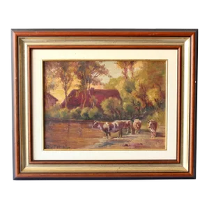 French Pastoral Landscape W/ Cows Oil Painting, Dated 1931