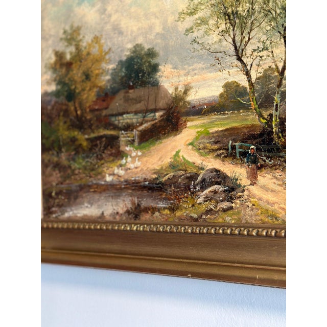 19th Century Original British Oil Painting, Geese/Ducks by a Cottage Pond, Joseph Thors For Sale In Denver - Image 6 of 12