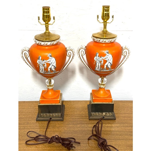 Late 18th Century Pair English Neoclassical Orange Ground Ashworth Ironstone Urns, as Lamps For Sale - Image 12 of 15