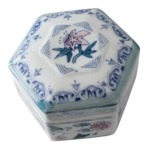 Blue, Pink and Green Floral Hexagon Ceramic Trinket Box