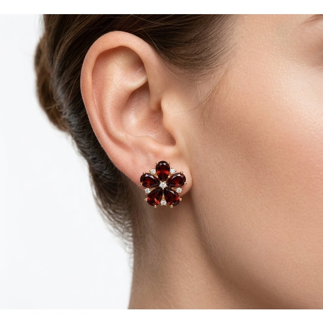 Not Yet Made - Made To Order Garnet Flower Stud Earrings • Pear Cut Red Gemstone Earrings - A Pair For Sale - Image 5 of 5