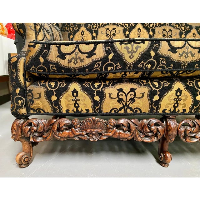 Wood Italian Rococo Revival Style Settee or Sofa With Heraldic Motif in Black & Beige For Sale - Image 7 of 12