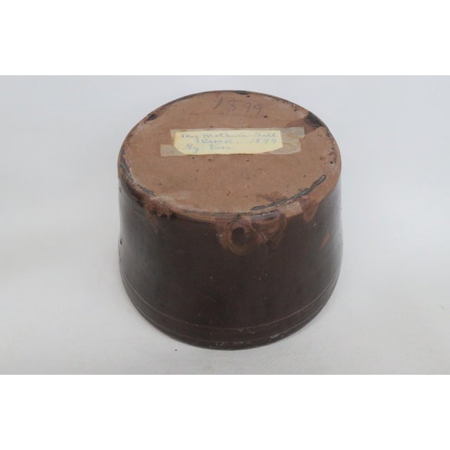 1899 Handmade Pottery Dish Dark Brown Glaze Salt Crock Bowl With Lip For Sale - Image 11 of 12