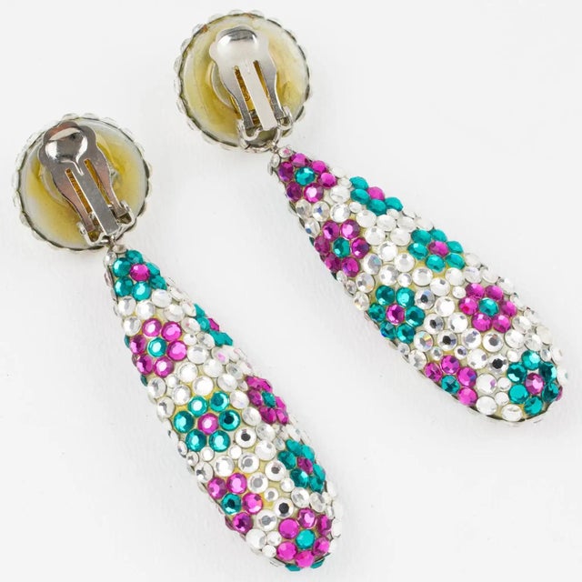 1980s Richard Kerr Floral Jeweled Clip Earrings in Turquoise and Fuchsia Crystal For Sale - Image 5 of 8