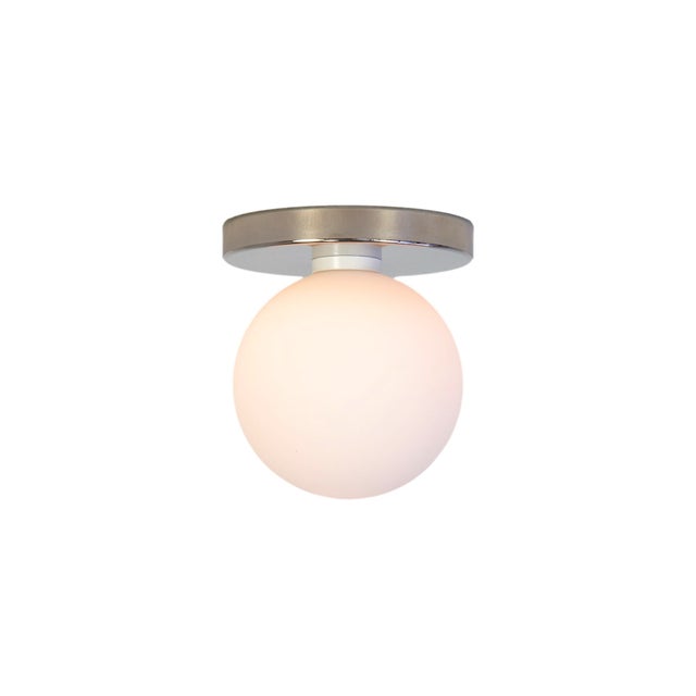 Globe Flush Mount Polished Nickel, 5 Inch Glass Globe, by Research.Lighting, Modern, Minimal For Sale In New York - Image 6 of 8