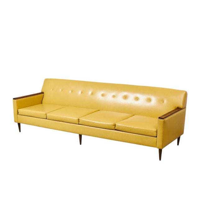 Mid-Century Modern Yellow Vintage Sofa With Wood Arms For Sale - Image 3 of 10