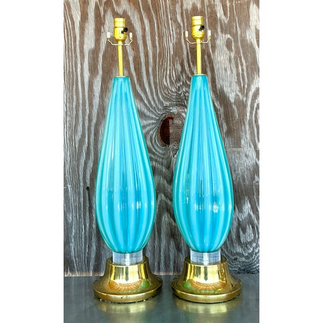 Metal Mid 20th Century Italian Turquoise Glass Lamps After Murano For Sale - Image 7 of 9