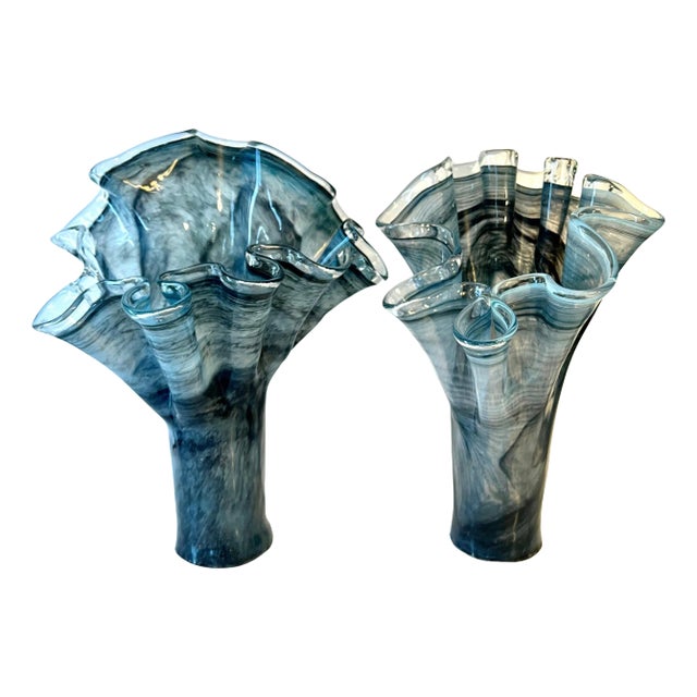 Pair of Hand Blown Smoky Gray Italian Murano Glass Freeform Ruffle Vases For Sale