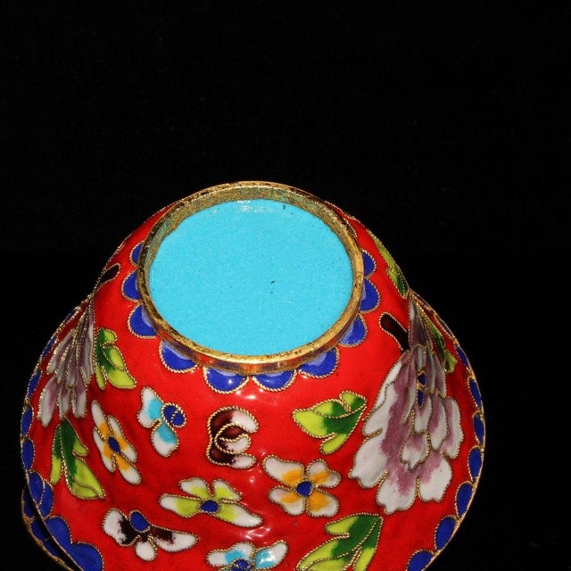 Pair of Vintage Chinese Cloisonné Enamel Bowls With Peony Motif For Sale - Image 9 of 9