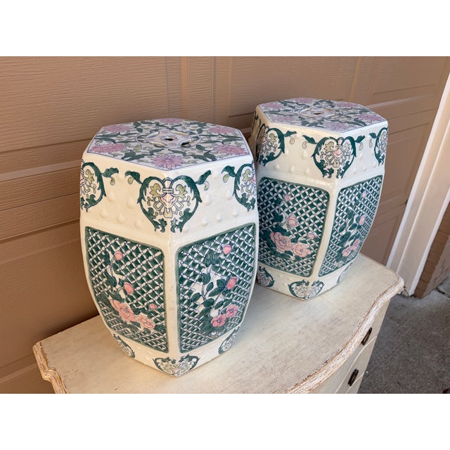 Chinoiserie Floral Green and Pink Porcelain Garden Stools or Side Tables, Pair For Sale - Image 4 of 10