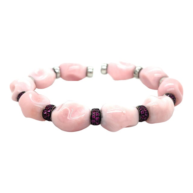 18K White Gold Raw Unformed Pink Agate and Round Cut Ruby Cuff Bangle Bracelet For Sale