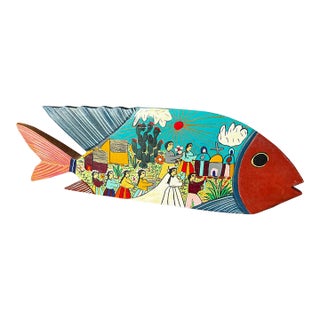 1970s Hand Painted Folk Art Wedding Scene on Wooden Fish Art Piece For Sale