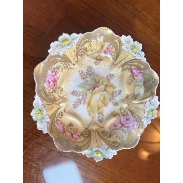 Ceramic Antique Porcelain Molded Floral Bowl Heavy Gold Gilt Ornate C1910 Orchids Roses For Sale - Image 7 of 17