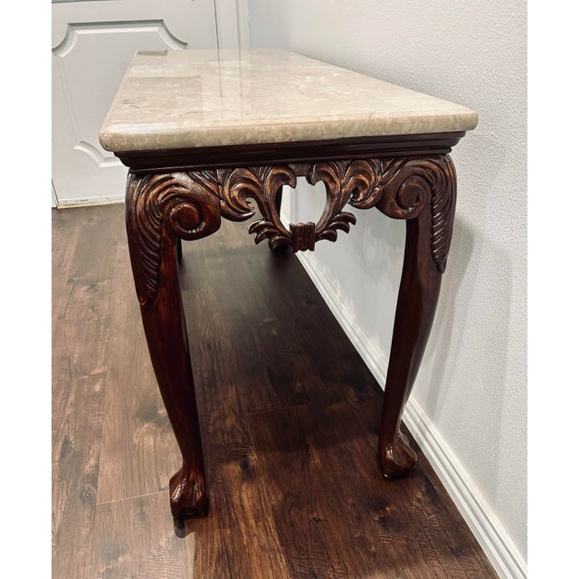 Chestnut VTG Chippendale Style Carved Wood and Marble Console Table For Sale - Image 8 of 11