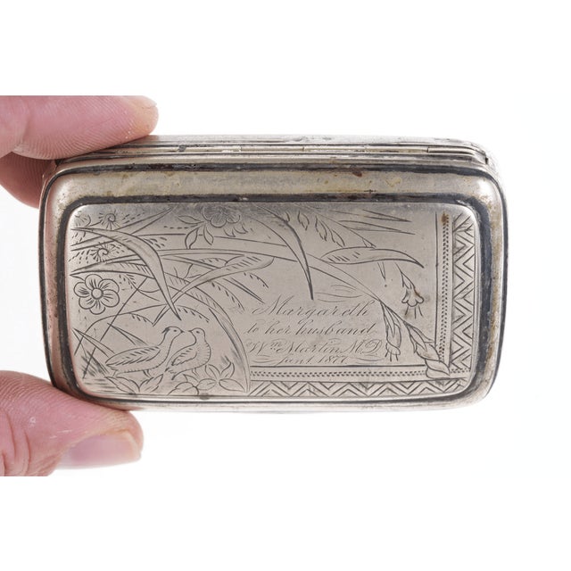 c1877 Engraved Snuff Box with inscription. Hand engraved Silver plate snuff/tobacco box 3 1/8" x 2" x 1". I believe this...