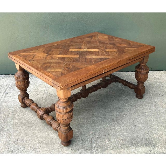 Traditional Vintage Spanish Carved Wood Parquet Extendable Dining Table For Sale - Image 3 of 13