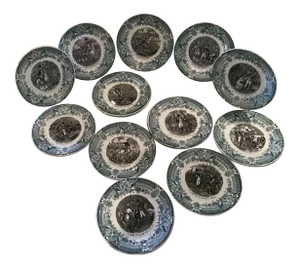 19th Century Antique French Digoin & Sarreguemines Teal & Black Napoleon Dessert Plates- Set of 18