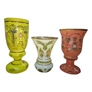 Bohemian Enamelled Glass Goblets and Vases, Late 19th - Early 20th Century, Set of 15 For Sale