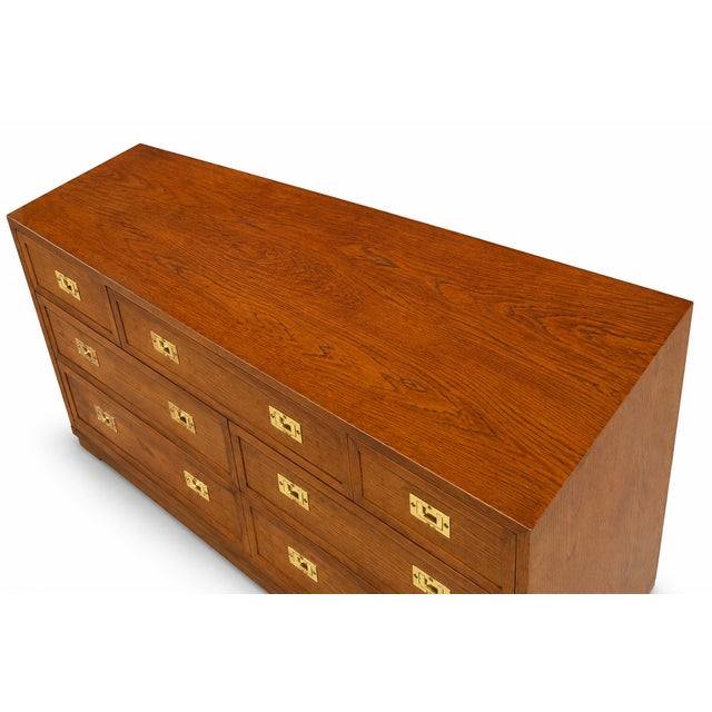 Henredon Campaign Style Triple Dresser / Credenza in Warm Walnut With Brass Hardware For Sale - Image 9 of 11