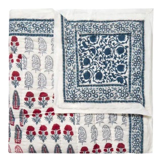 Checkerboard-Lotus Twin Blue & Red Reversible Quilt For Sale