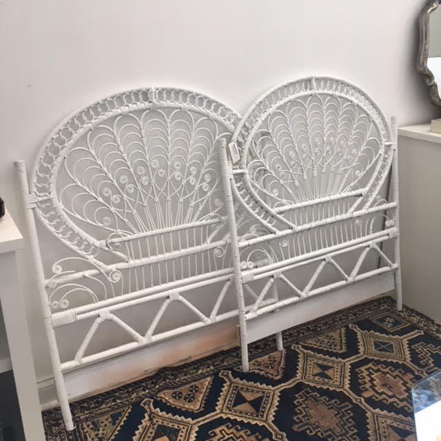 1960s Boho Chic White Peacock Twin Headboard and Footboard 2 Pieces