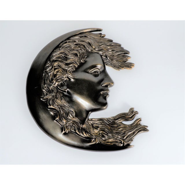 Wood Antique 1900s Cast Bronze Woman’s Face in Crescent Moon Plaque90 For Sale - Image 7 of 9