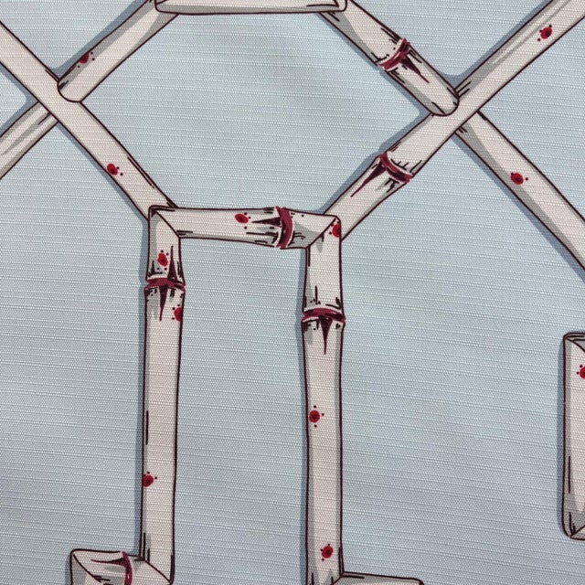 10 yard roll of Scalamandre “Baldwin Bamboo Outdoor Print” cream and red on Aqua // Chinoiserie outdoor fabric // designer upholstery fabric For Sale In Kansas City - Image 6 of 7