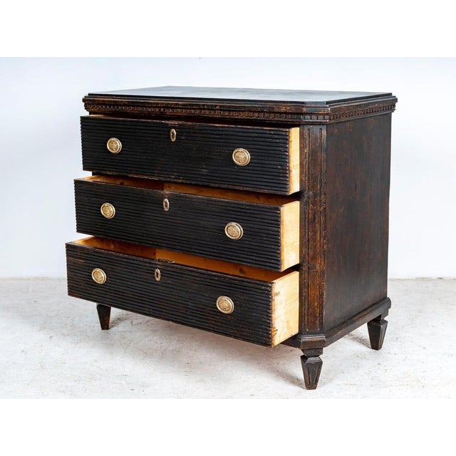 C 1850 antique swedish gustavian painted chest of 3 drawers commode with detailed gustavian ribbed decorative motifs on...