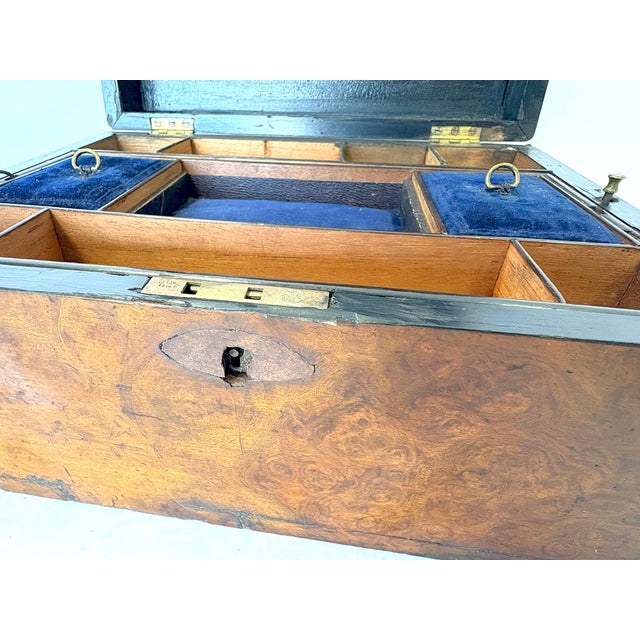Antique English Burlwood Writing Box With Blue Velvet Lining and Mother-of-Pearl Inlay For Sale - Image 12 of 12
