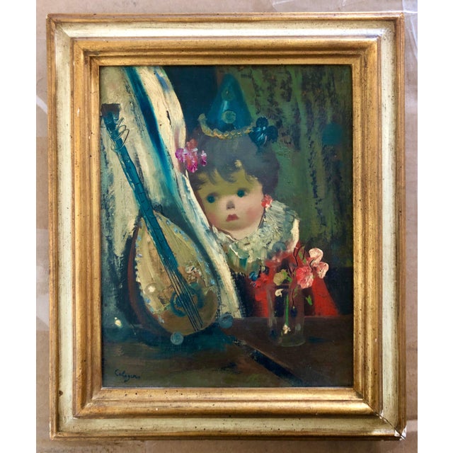 Jean Calogero, Italian Surrealist Oil Painting Jean Calogero Big Eyed Girl Doll Mandolin Flower For Sale - Image 9 of 9