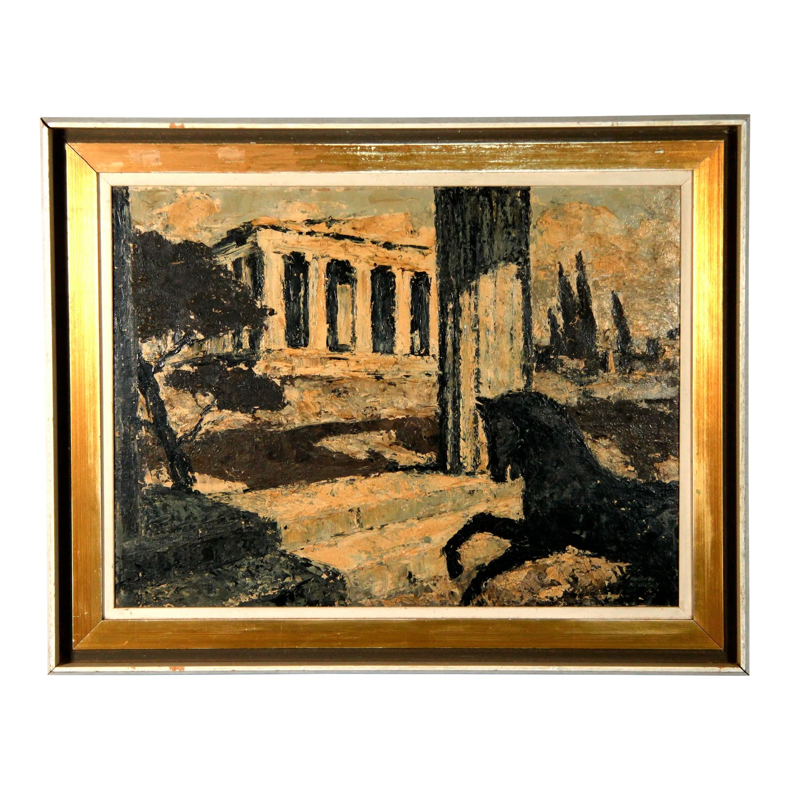 C.1920s Oil on Board Surrealist Painting of Parthenon and a Horse by Norman Kennedy
