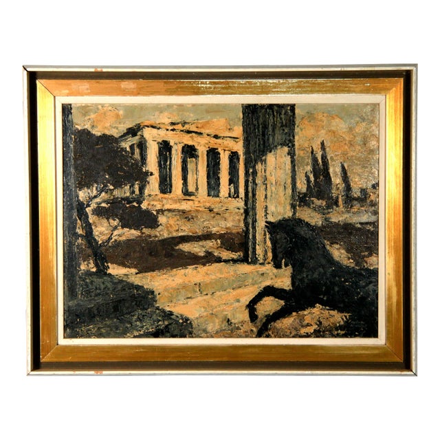 C.1920s Oil on Board Surrealist Painting of Parthenon and a Horse by Norman Kennedy For Sale