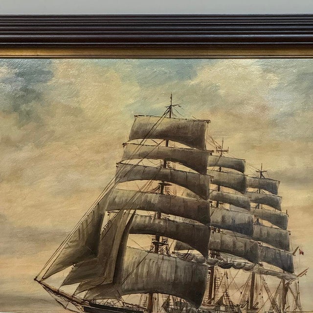 Dark Gray Mid-Century Framed Oil Painting of Four-Masted Ship by Alfred Gabali 'The Preussen' For Sale - Image 8 of 16
