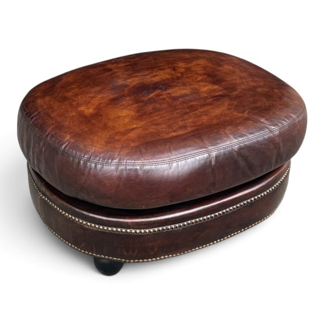 Brown Vintage Oval Brown Leather Ottoman With Brass Nailhead Trim and Rounded Feet For Sale - Image 8 of 10