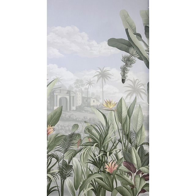 36" * H96" * 3ps, Hand-Painted Sage Green Tropical Rainforest Wallpaper, Custom Vintage Jungle Wall Mural For Sale - Image 4 of 4