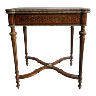 19th-Century French Louis XVI-Style Marquetry Game Table With Brass Ormolu Trim For Sale