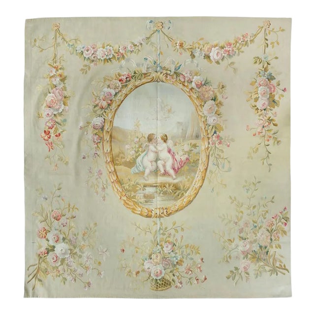 Antique 19th Century Square Floral French Aubusson Cupid Tapestry For Sale