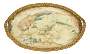 Antique French Victorian Wicker Pheasant Bird Tapestry Oval Bar Serving Tray