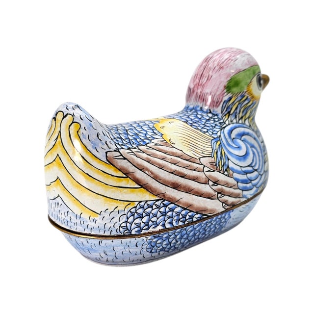 Blue Vintage Chinese Cloisonné Enamel Copper Bird Trinket Box, Hand Painted, 5" For Sale - Image 8 of 18