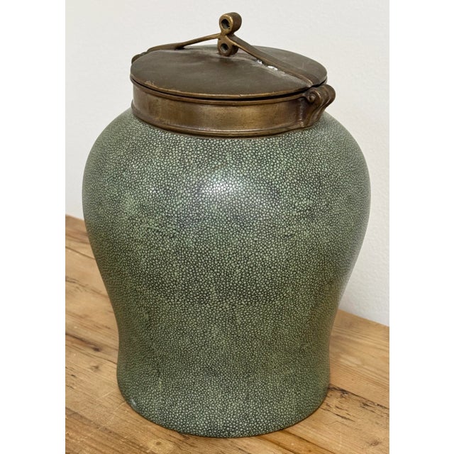 Chinoiserie Tozai Home Brass Lidded Faux Shagreen Temple Jar For Sale - Image 3 of 11