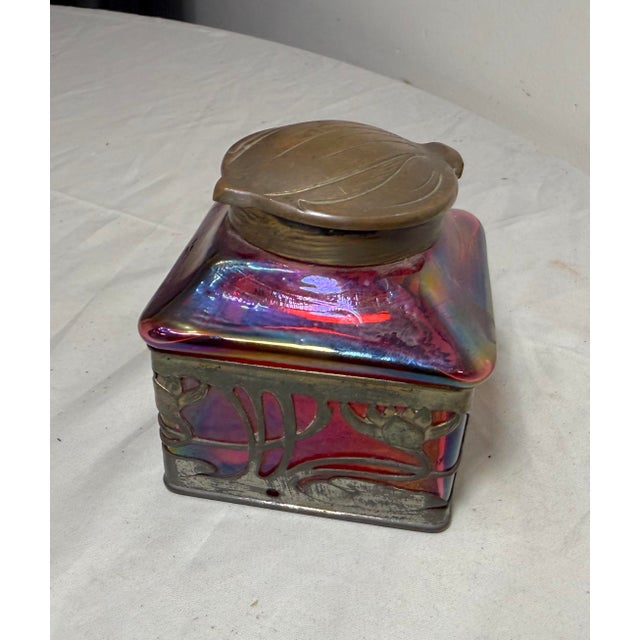 Antique Carl Stolzle Austrian Art Nouveau Red Glass Bronze Writing Inkwell Jar For Sale - Image 4 of 18